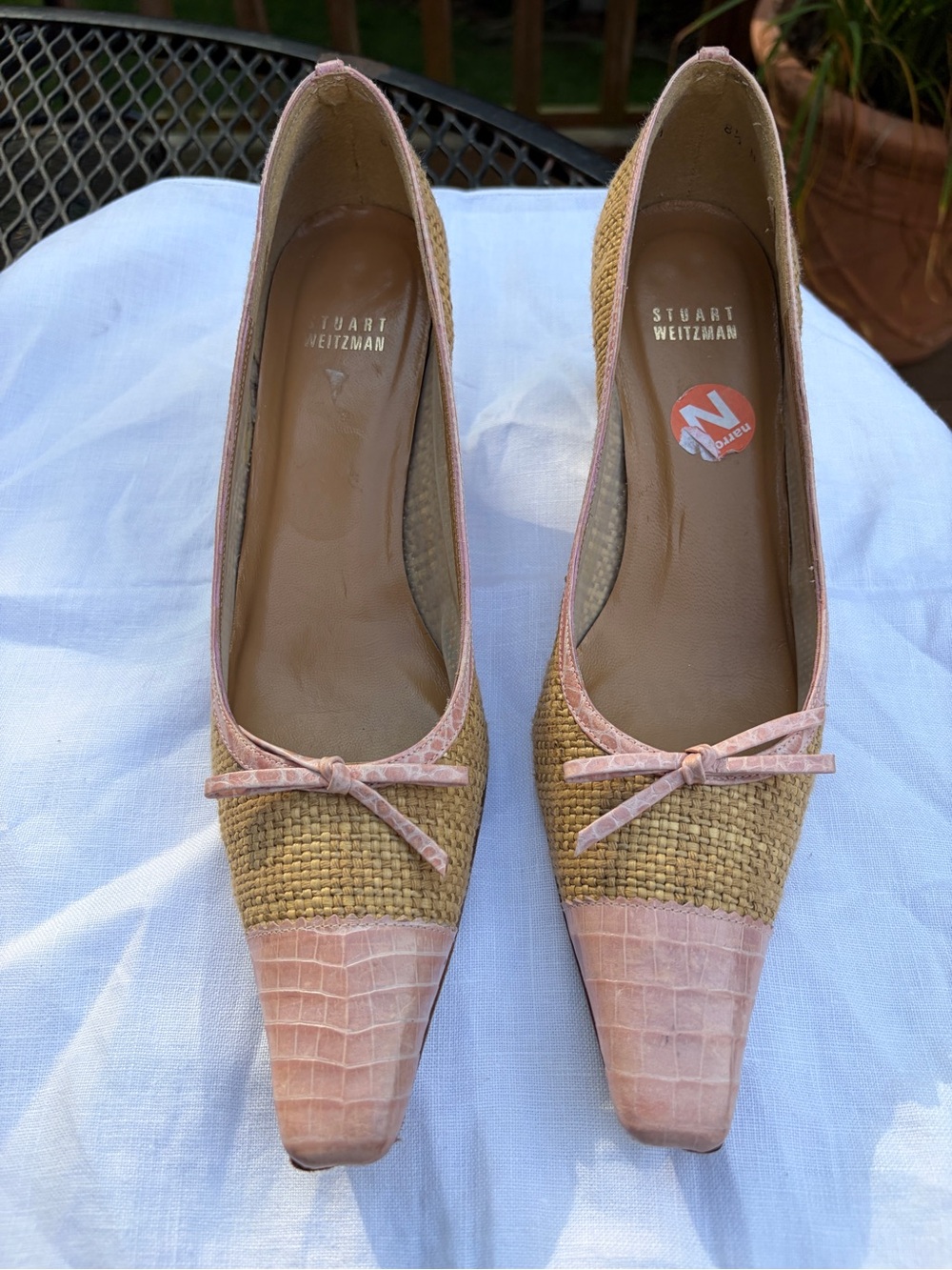 Stuart Weitzman Pink Trim Tan Woven Square-Toe Flats